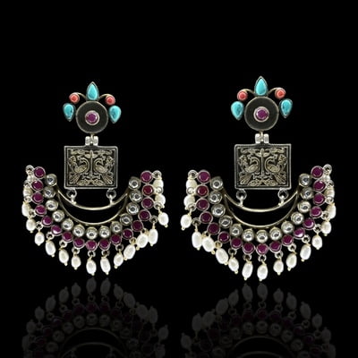 The Antique Silver 925 Amrapali Peacock Moon Earrings