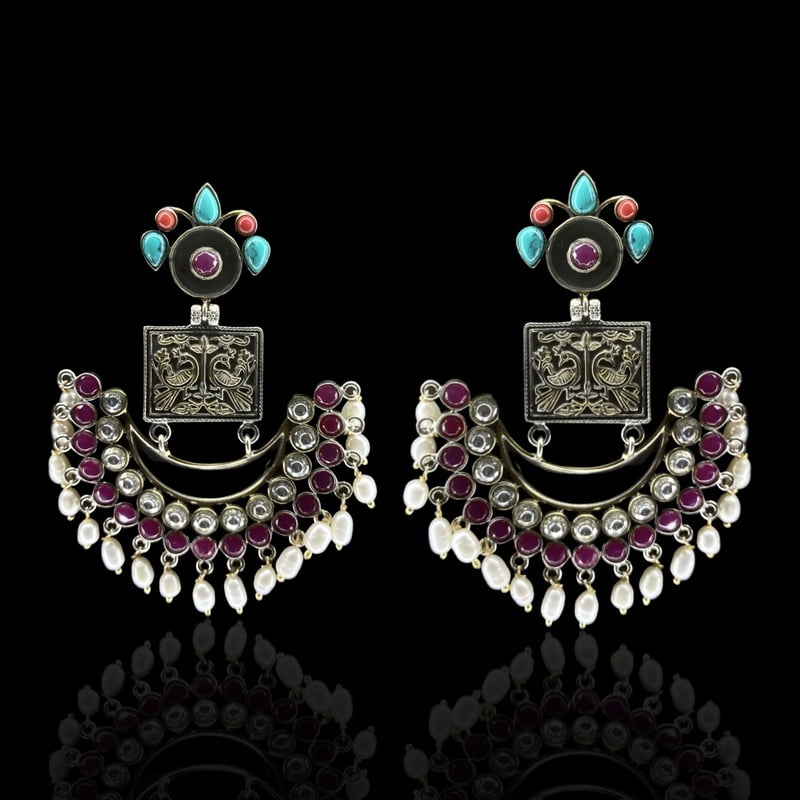 The Antique Silver 925 Amrapali Peacock Moon Earrings The Antique Silver 925 Amrapali Peacock Moon Earrings