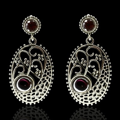 Sterling Silver 925 Oxidised Oval Red Stone Earrings