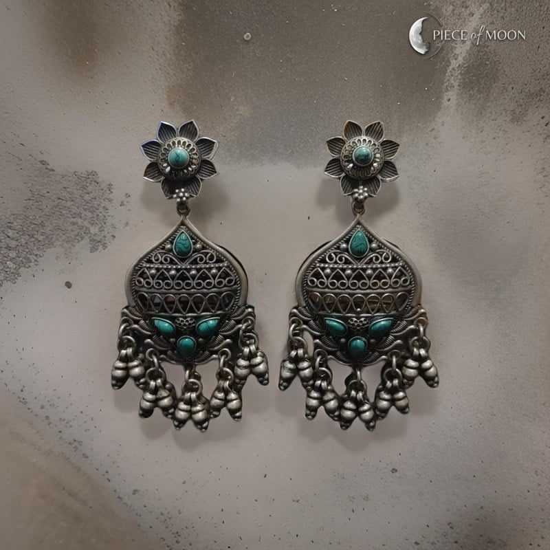 The Antique 925Sterling Silver Turquoise Green BeadsJhumki The Antique 925Sterling Silver Turquoise Green BeadsJhumki